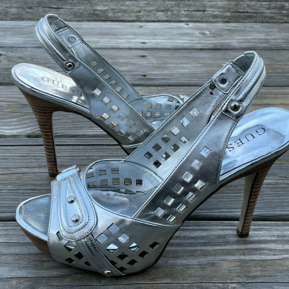 Guess Women Heel Shoes Silver Tone Leather Upper Open Toe Shoes Size 9M - Picture 10 of 12